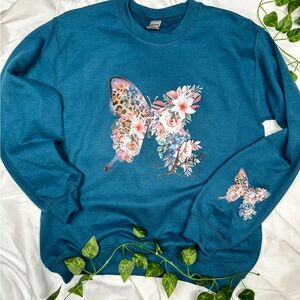 Gildan Teal Sweater with Floral Butterfly Design
